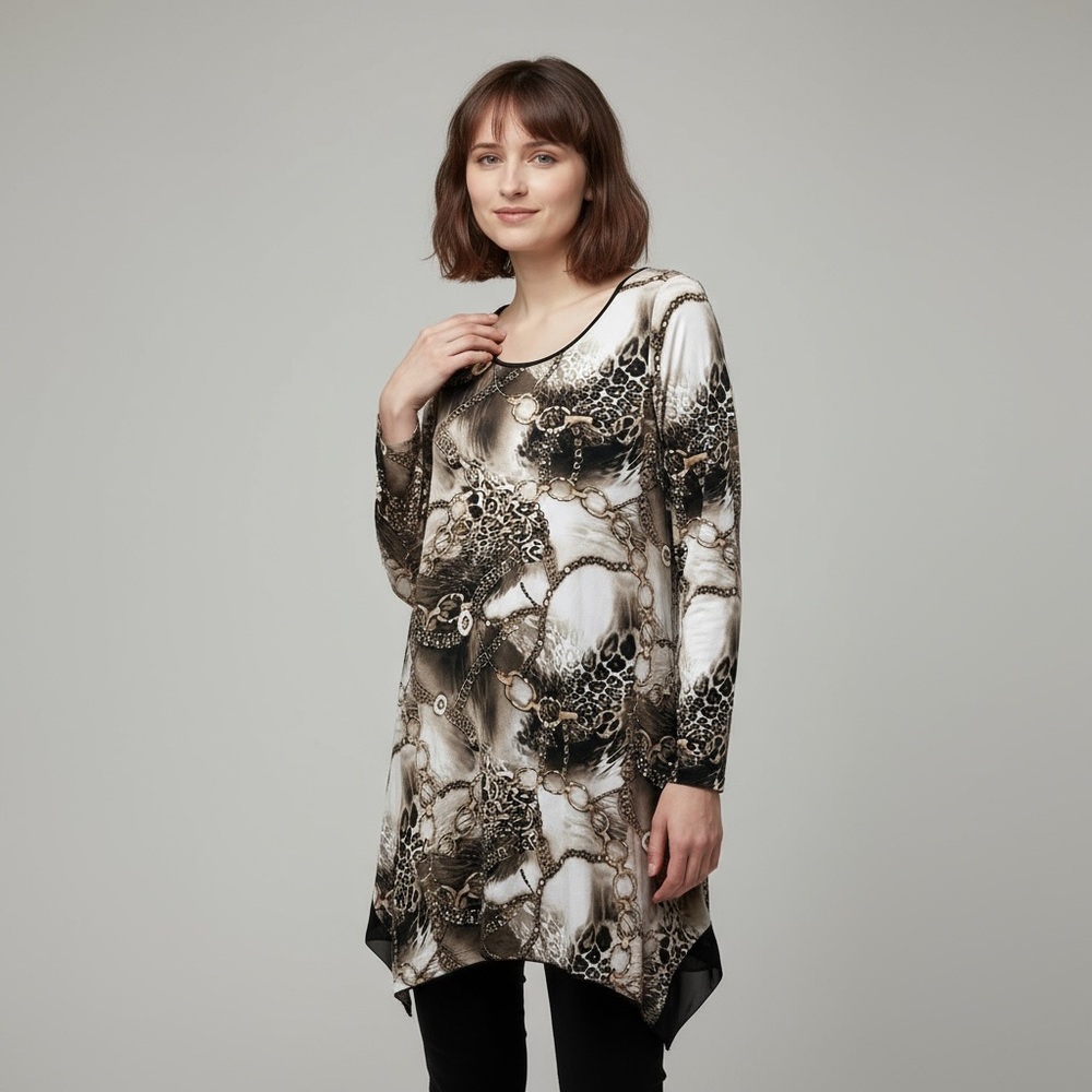 Stretchy Long Sleeve Animal Print Jewelry Pattern Long Line Tunic Top Size L